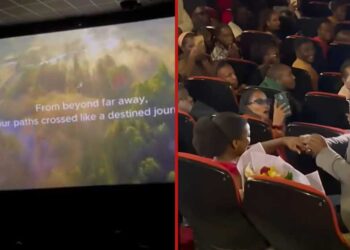 Ugandan man surprised his girlfriend with a proposal inside a theater, where they were watching a screening of their love story.